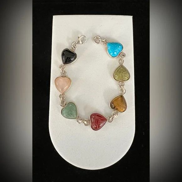 Sterling Multi Stone Scarab Heart Link Bracelet